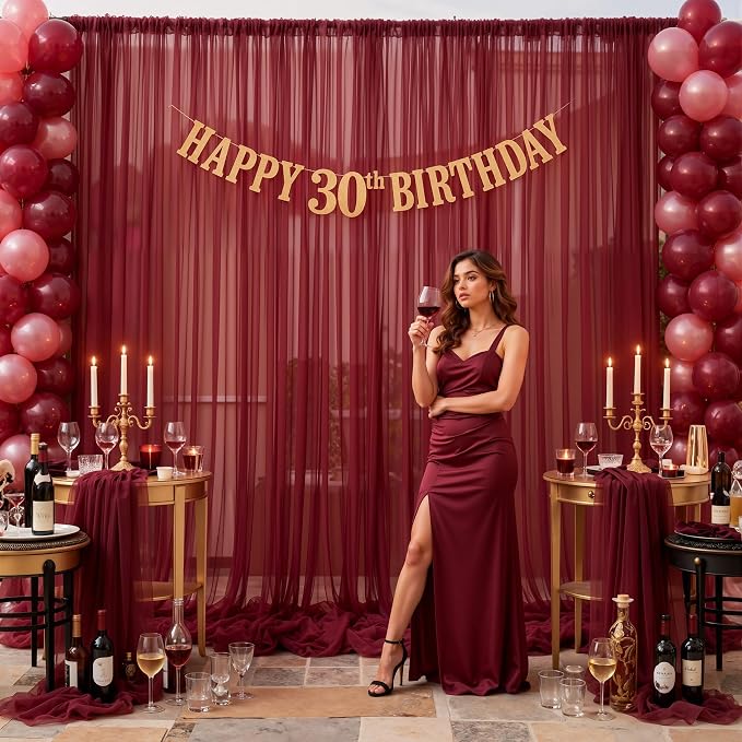 20x10ft Burgundy Tulle Backdrop Curtain for Parites, Sheer Photo Backdrop Drapes for Wedding Baby Shower Boy Shower Birthday Party Photo Shoot Background Decorations