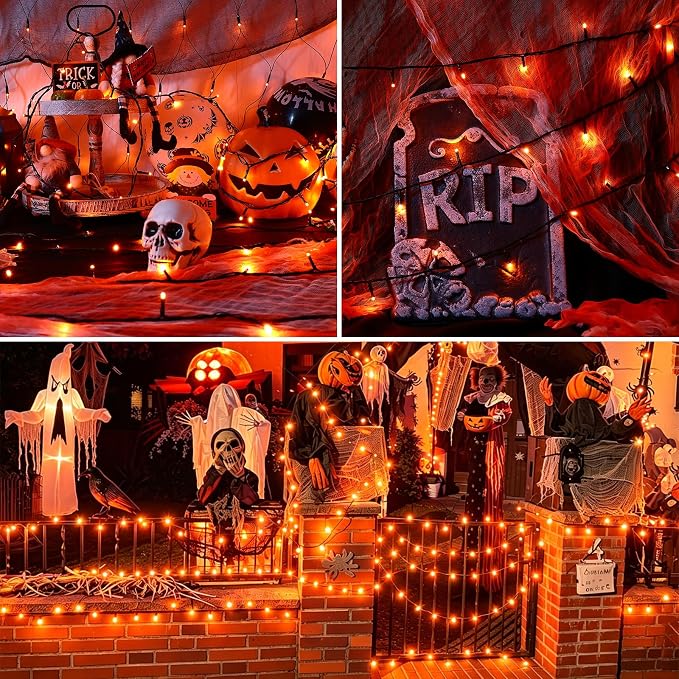 QITONG Solar Halloween String Lights, 2 Pack Each 33ft 100 LED Orange Fairy Lights Outdoor Waterproof, Green Wire Twinkle Light with 8 Modes for Outside Halloween Party Decor