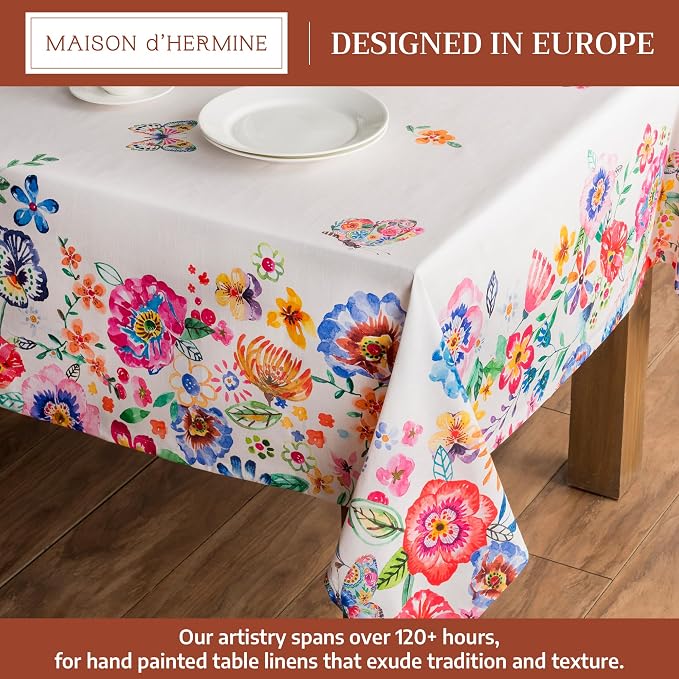 Maison d' Hermine Table Cloth Rectangle Table 100% Cotton 70 x 90 Inches Tablecloth Reusable Decorative for Dining Kitchen Room Party Home Hotel Restaurant Spring Summer - Happy Florals - High Summer