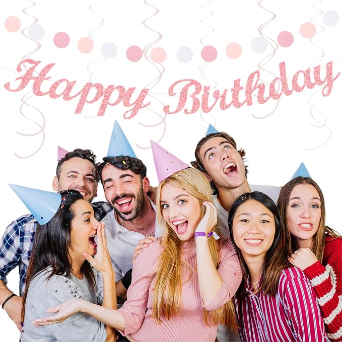 Light-Pink White Happy-Birthday Banner Party-Decorations - 31pcs 21st 30th Women Girls Paper Lanterns Streamers,Tissue Paper Flowers Pom Poms Fans Tassel Garland Decor Backdrop Supplies Hugmoon
