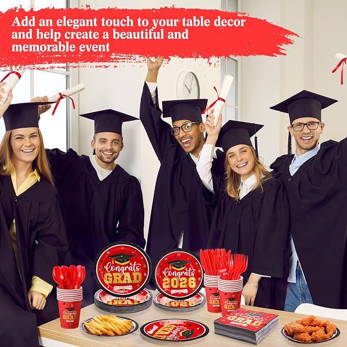 Funnymoom 400 Pcs Graduation Party Supplies Class of 2026 Graduation Paper Plate Napkin Cup Cutlery Congrats Grad Disposable Tableware Set for Grad Party Decorations, Serve 50(Red)