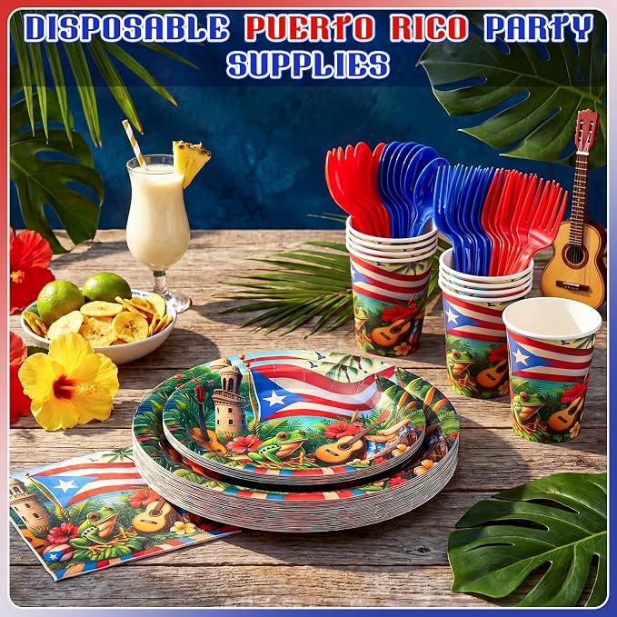 FoldTier 350 Pcs Puerto Rico Party Supplies Disposable Paper Plates Napkins Cups Puerto Rico Theme Birthday Party Decorations Tableware Flag Frog for Holiday Festival Family Friends Serve 50 Guests