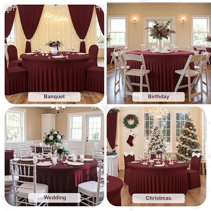 4 Pack Burgundy Round Tablecloth with Skirt, 60 Inch Elastic Fitted Table Cover for 5FT Tables, Wrinkle-Resistant & Washable Snug Fit for Christmas, Thanksgiving, Holiday Dinners & Parties