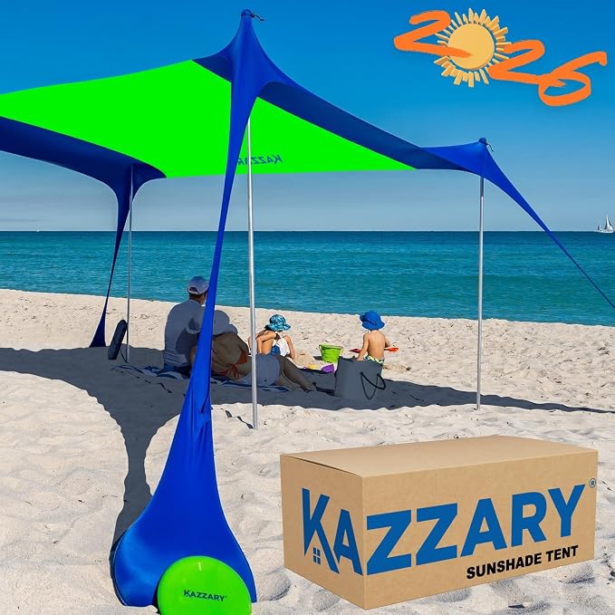 Beach Tent UPF50+ Sun Shade Canopy with Sandbags, 4 Stability Poles, Ground Pegs, Flying Disc Sand Shovel, Lightweight Sunshade Shelter, 7ft Tall for Outdoor Trips, Camping and Sports