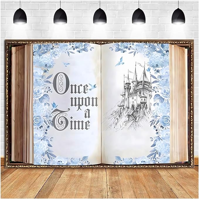 12x10ft Once Upon a Time Backdrop Fairy Tale Storybook Open Book Castle Photography Background for Princess Wedding Birthday Party Baby Shower Photo Booth Props Blue Flower Rose Vintage Decor