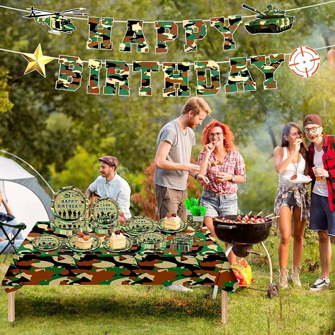 182Pcs Camo Birthday Party Supplies,Army Camouflage Theme Paper Plates Napkins and Tableware Set for Army Military Birthday Decorations,Serves 30