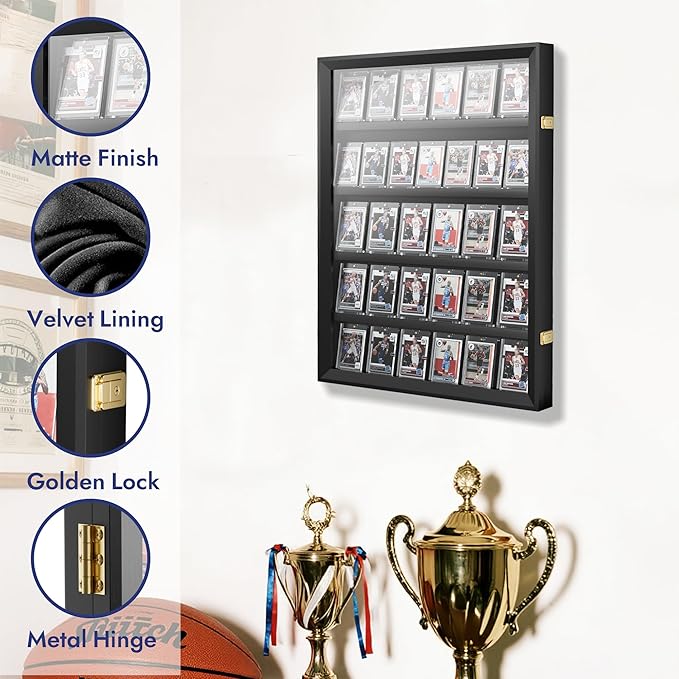 35 Graded Sports Card Display Case - Baseball Card Display Frame Lockable for, Football, Basketball, Hockey & Trading Cards - UV Protection & Clear Acrylic, Black