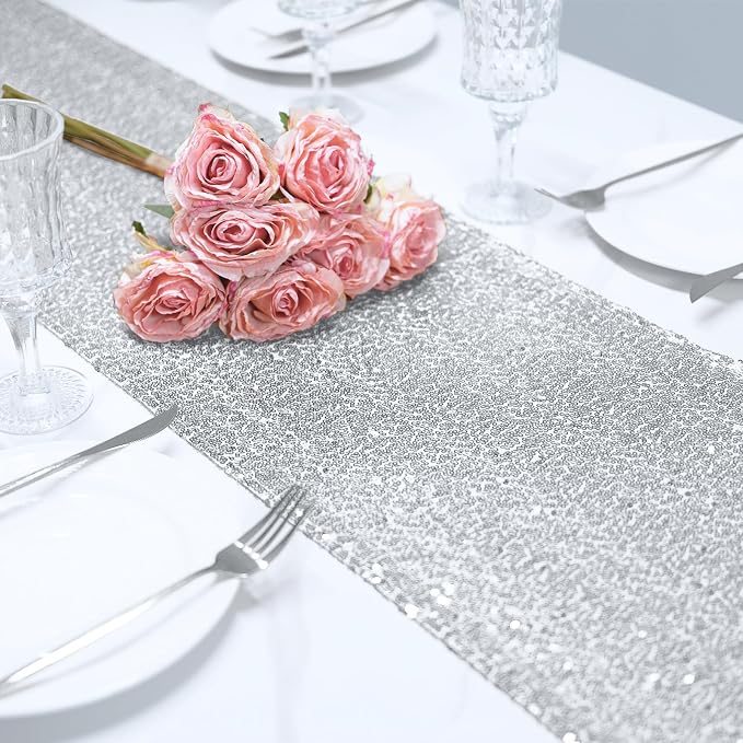 12x108 inch Silver Sequin Table Runner Sparkly Glitter Table Linens 6 Packs for Party Decorations Wedding Birthday Baby Shower Engagement Anniversary