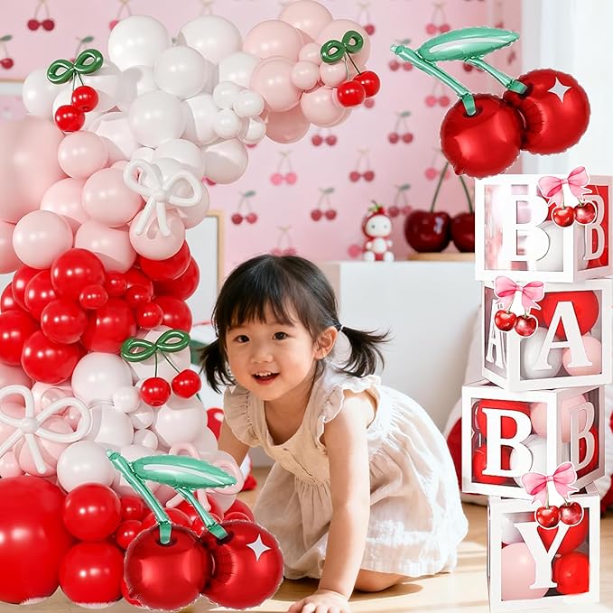 Cherry on Top Baby Shower Decorations for Girl - Red Pink Party Supplies Include Balloon Garland Arch, Backdrop, Tablecloth, 4 Boxes, Foil Balloons - She is the Cherry On Top Decor Gingham Check