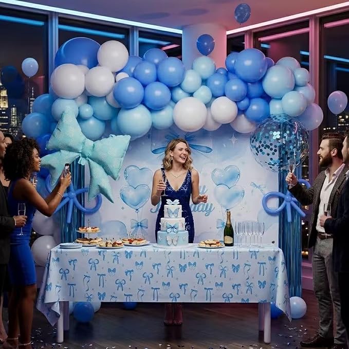 189pcs Blue Bow Coquette Birthday Decorations Soft Blue Aesthetic Party Set with Banner Backdrop Foil Balloons Table Cloth Fringe Curtain Hanging Swirls Cake Topper, Dreamy Romantic Decor Supplies