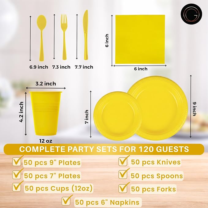 Grandipity 350 Piece Yellow Disposable Dinnerware Set, Includes 50 of Each: 9" Dinner Plates, 7" Dessert Plates, 12oz Cups, Paper Napkins, Forks, Knives & Spoons