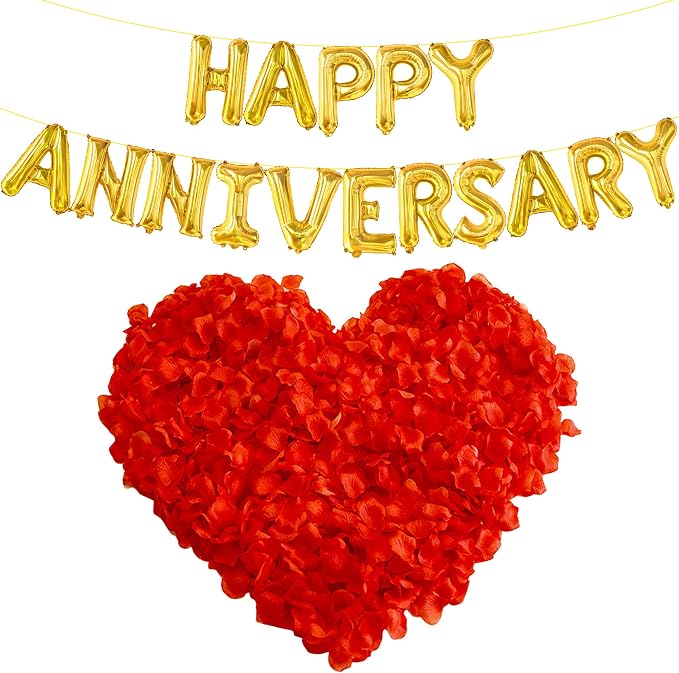 KatchOn, Gold Happy Anniversary Balloons Letters - Huge, 16 Inch | Gold Happy Anniversary Banner for Happy Anniversary Decorations | 1000 Pcs Artificial Red Rose Petals - Silk, Fake Rose Petals