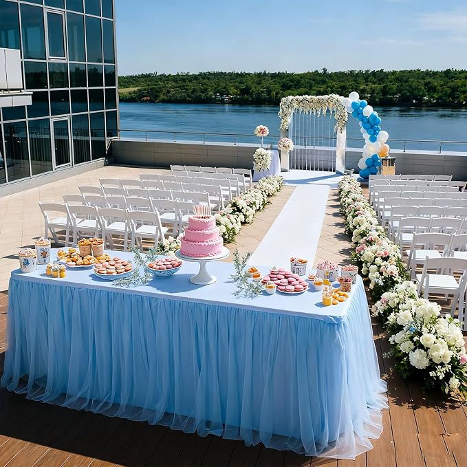 1-Pack Blue 2-in-1 Tulle Tablecloth for 4-Foot Rectangular Table – Stretch Fitted Table Skirt & Cover for Baby Shower, Bridal, Birthday, Princess Party