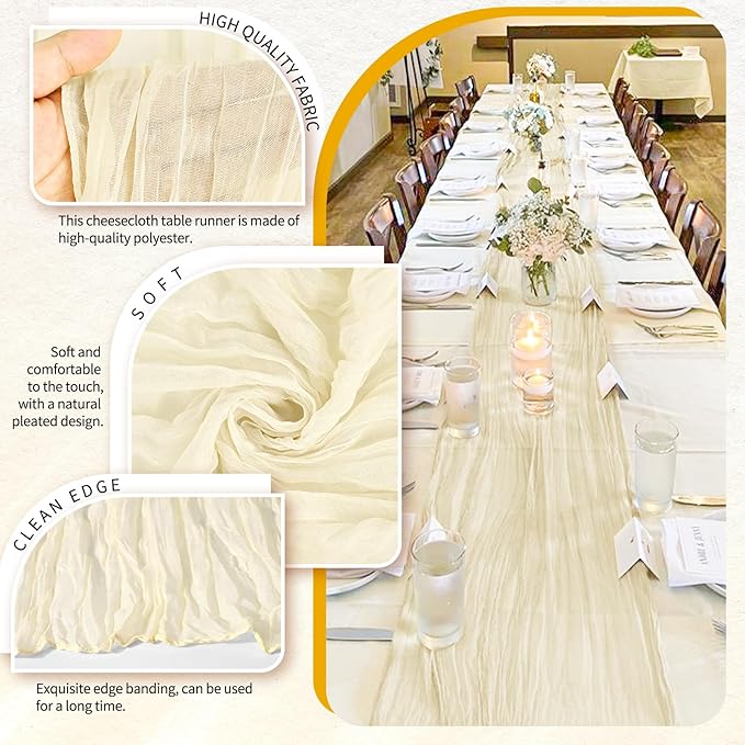 2 Pack Cheesecloth Table Runner 10FT Beige Table Runner Boho Gauze Cheese Cloth Table Runners Long Rustic Sheer Table Decorations for Wedding Party Baby Bridal Shower Birthday Holiday Home