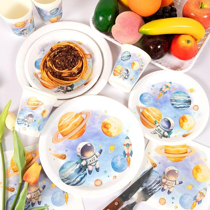 Space Themed Birthday Party Decorations Outer Space Paper Plates Napkins Cups Party Supplies Planets Astronaut First Trip Around The Sun Tableware Set for 25 Guests