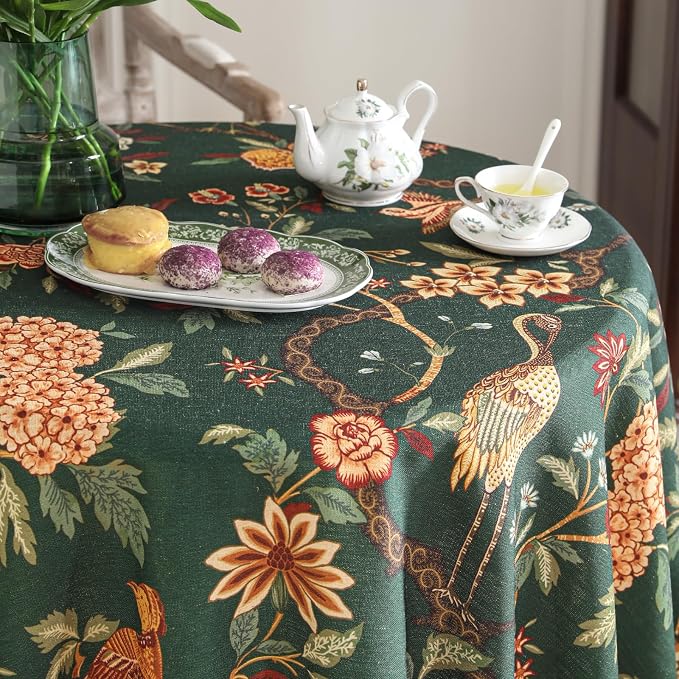 ISAENNE Designer Linen Green Round Tablecloth,Diameter 55"-Mitchell | Vintage Elegant Table Cloth for Round Table,Floral and Bird Pattern,Heavyweight,Dining Room,Kitchen,Thanksgiving,Decor