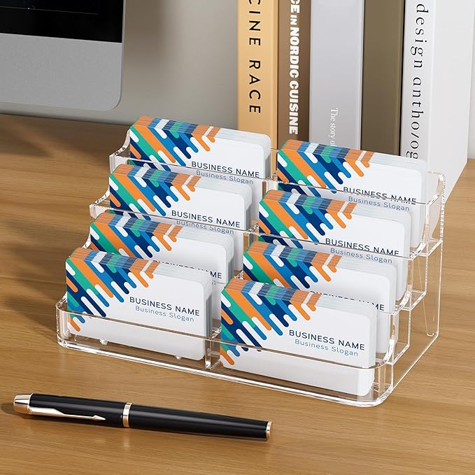 MaxGear 8 Pack Acrylic Business Card Holder for Desk, Clear Desktop Business Card Display Stand with 8 Pockets, 4-Tier Freestanding Card Organizer for Office, Reception, Countertop