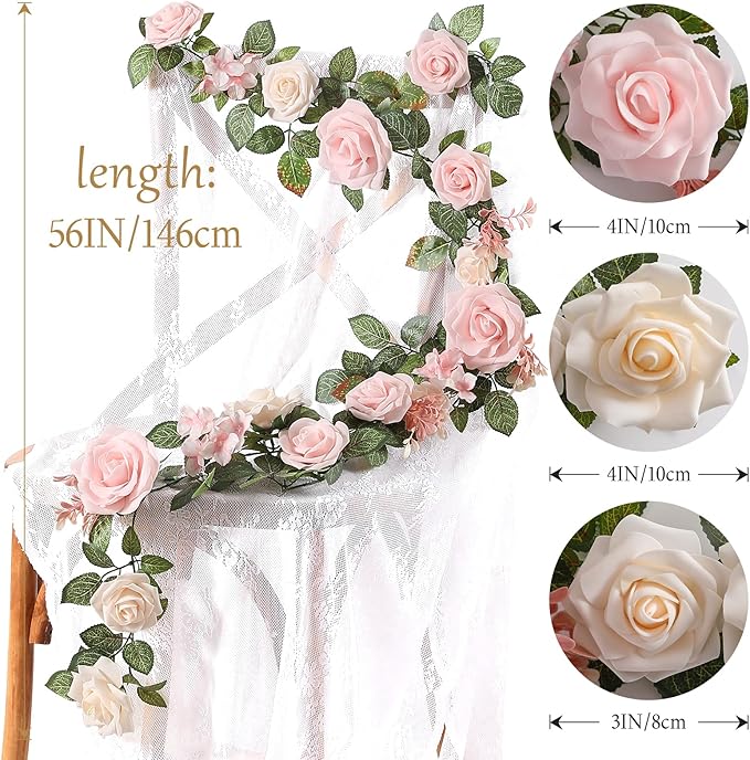2Pcs Garisey 5FT Dusty Rose Artificial Flower Garland Blush Rose Floral Garland Arch Rose Vine for Wedding Ceremony Party Backdrop Decor Arch Flowers Mantel Table Centerpieces Decorations, Burgundy