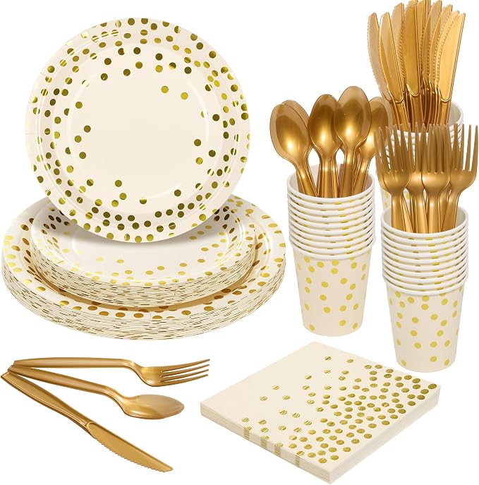 Goodlluck 175PCS Ivory Gold Foil Polka Dot Disposable Party Tableware Set, 25 Guests | 9" & 7" Golden Dot Disposable Paper Plates, 9oz Cups, Napkins & Gold Cutlery for Birthday, Wedding & Baby Shower