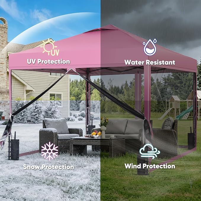 GDY 10x10 Pop-up Canopy Tent with 4-Mosquito Nettings, Outdoor Screen Gazebo with 4 Sandbags, 4 Ropes & 8 Stakes, 3-Level Height Adjustment for Patio, Camping, and Backyard, Pink