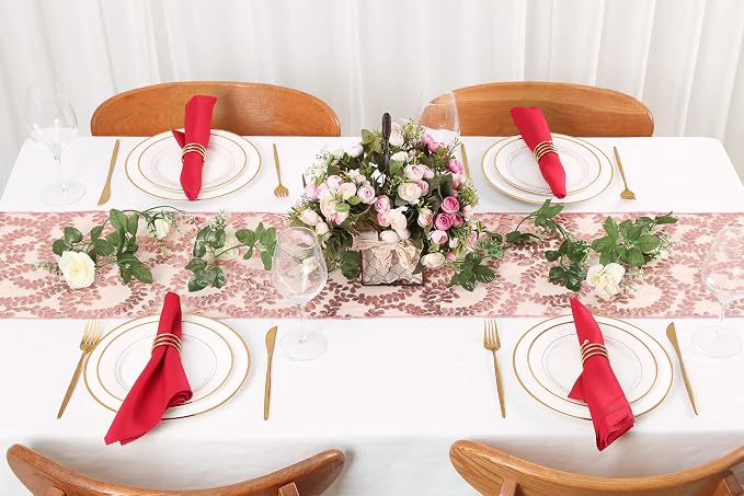 Sequin Table Runners 2 Pieces Rose Gold Flower Table Runners 12x72 Inch Glitter Dining Table Cover for Party Wedding Birthday Reception Banquet Decoration Spring Party Chair Sashes