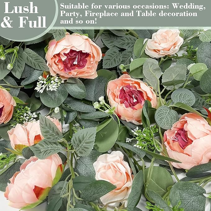 2 Pack 12Ft Artificial Eucalyptus Floral Garland with 16 Flowers Vintage Peony Rose, Pink Fake Flower Greenery Spring Garland Floral Vines for Mantle Wedding Arch Home Table Runner Backdrop Decor