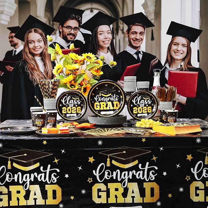 Funnymoom 452 Pcs Class of 2026 Graduation Party Decorations Supplies Include Black and Gold Graduation Paper Plates Napkins Cups Tablecloth Cutlery Straws for Congrats Grad Party