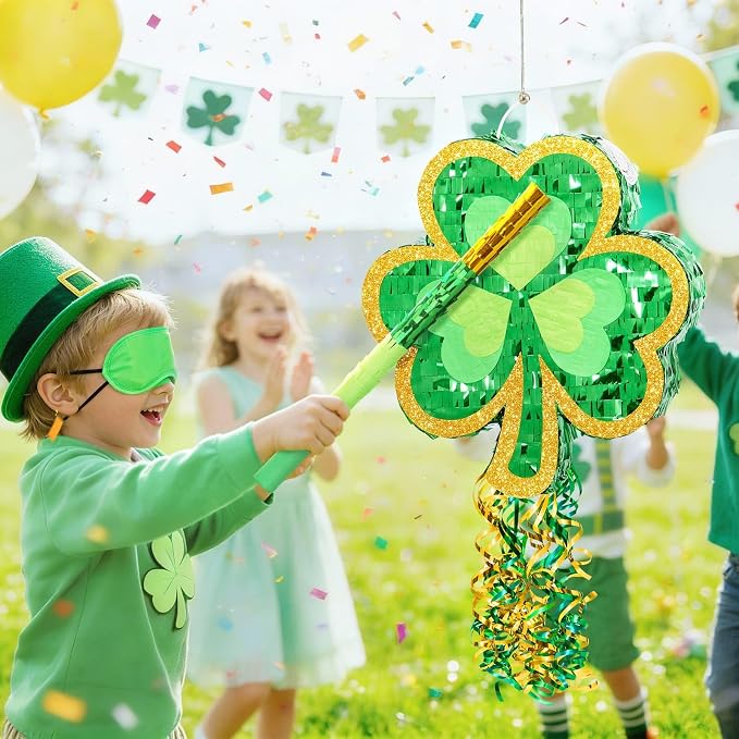WERNNSAI Shamrock Piñata - Green Shamrock Decor Piñata with Bat & Blindfold, Party Game Supply with Shamrock Pattern (16" × 13.5" × 3")