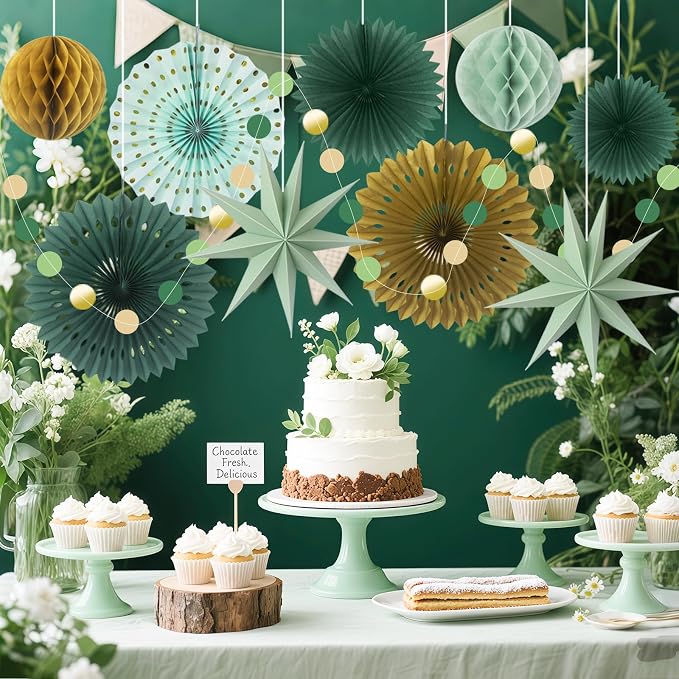 ADLKGG Sage Green Gold Party Decorations - Hanging Paper Fans Honeycomb Balls & Star Decor for Graduation, Gender Neutral Woodland Baby Shower, Bridal Shower, Birthday & Boho Wedding Photo Backdrop