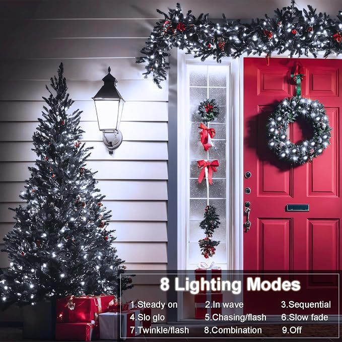 echosari 200 LED 66ft Battery Powered Christmas Lights, String Lights with Remote Timer, Outdoor Fairy String Lights Waterproof for Home Garden Party Christmas Trees Decoration (Cool White) | Green Wire, Remote Control, Timer, 8 Lighting Modes,Waterpro...