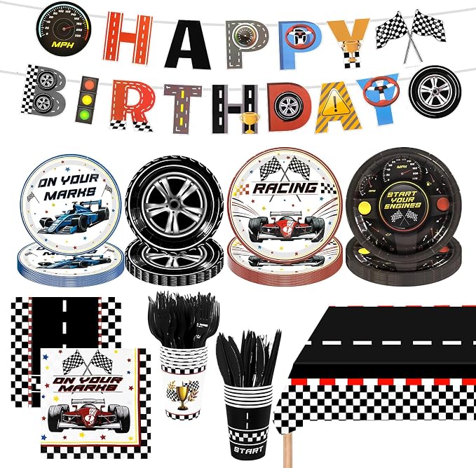 Race Car Party Decorations,182pcs Racing Themed Birthday Party Supplies Includes Banner,Tablecloths,Plates and Napkins,Tableware Set,for Boys Birthday Decorations,Serves 30