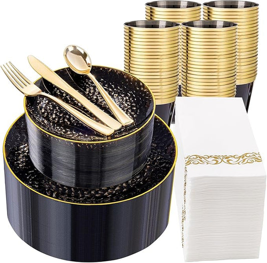DaYammi 350PCS Clear Black and Gold Plastic Dinnerware Set for Party, Hammered Disposable Plates for Party, Include: 50 Dinner Plates, 50 Dessert Plates 150 Gold Silverware 50 Napkins 50 Cups