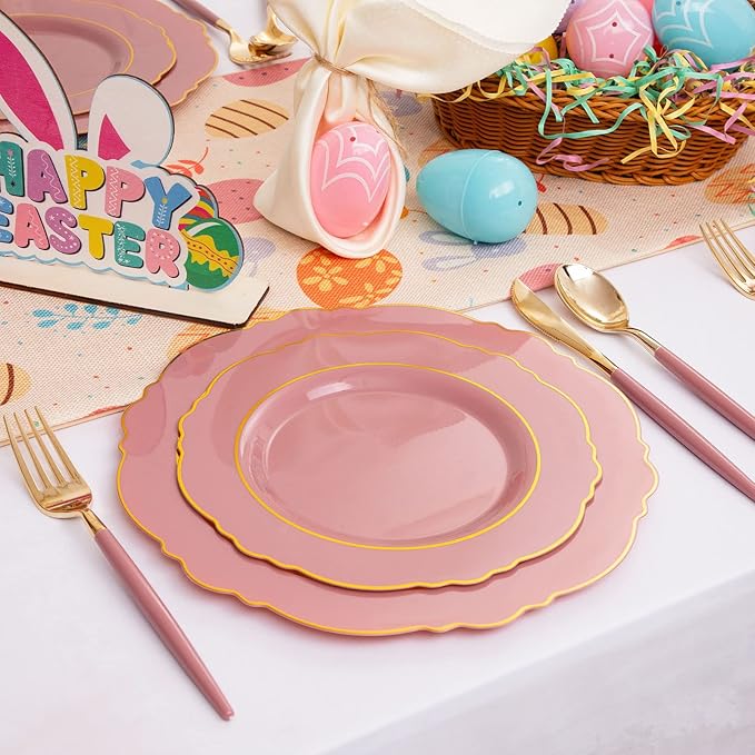Nervure 100Pcs Mauve Pink Plastic Plates - Mauve Gold Plastic Dinnerware Sets for 20 Guests - 20 Dinner Plates, 20 Dessert Plates, 20 Forks, 20 Knives and 20 Spoons for Wedding & Party & Mother's Day