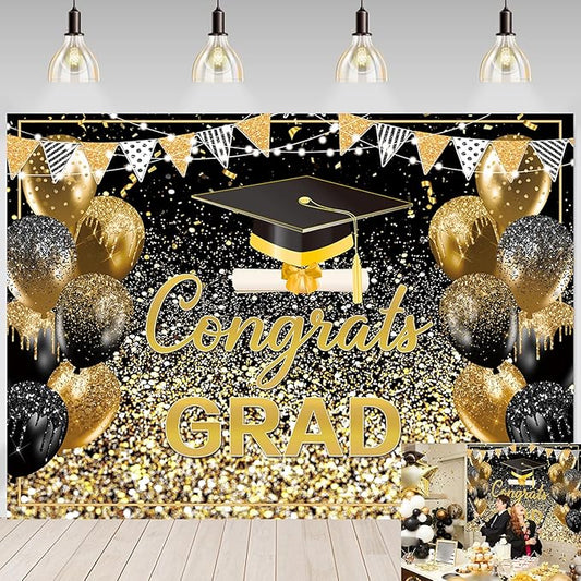 2026 Graduation Backdrop Black Gold Congrats Grad Bachelor Cap Balloon Prom Send Off Photography Background School Celebration Class of 2026 Party Decor Banner Photo Props (Black Gold, 10x8FT)