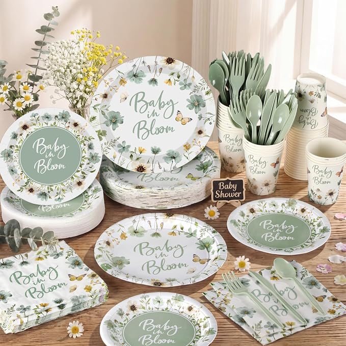 Funnymoom 400 Pcs Baby in Bloom Party Supplies for 50 Guests Green Floral Baby Shower Paper Plates and Napkins Knives Spoon Fork Cup Disposable Wildflower Dinner Party for Spring Greenery Favor