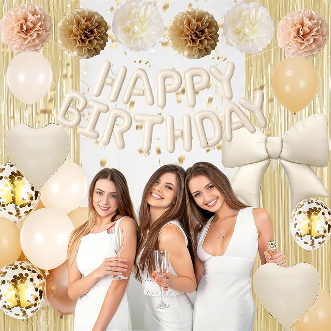 White Sand and Gold Birthday Decorations for Women Girls, Happy Birthday Balloon Banner with Bow and Heart Foil Balloons Fringe Curtain Tissue Paper Pompoms Garland Party Supplies
