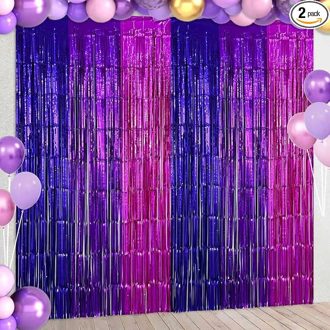 2 Pack Purple Pink Foil Fringe Curtains Streamers Backdrop for Music Themed Party Decorations, Girls Butterfly Birthday Party Decorations Supplies