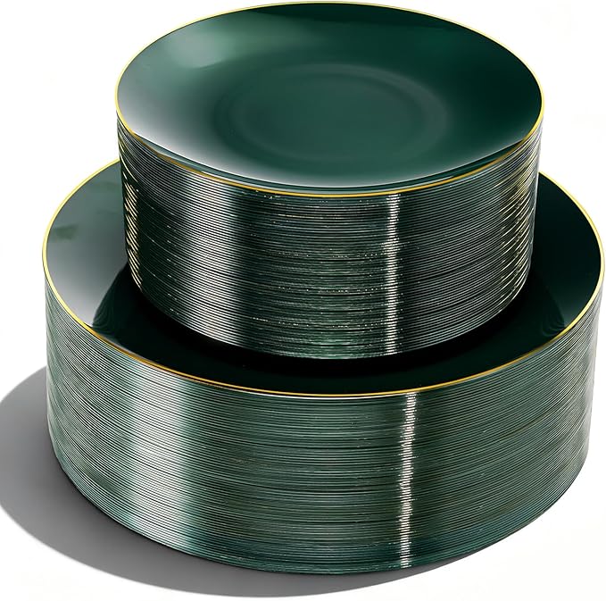 Lullaby 100PCS Green and Gold Plastic Plates, Disposable Green Plastic Plate with Gold Rim, 50PCS Dessert Plates 7" and 50PCS Dinner Plates 10", Perfect for Party Wedding and Daily Use