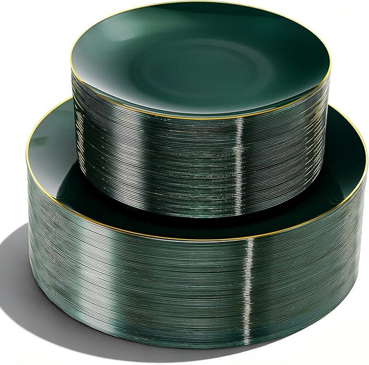 Lullaby 100PCS Green and Gold Plastic Plates, Disposable Green Plastic Plate with Gold Rim, 50PCS Dessert Plates 7" and 50PCS Dinner Plates 10", Perfect for Party Wedding and Daily Use