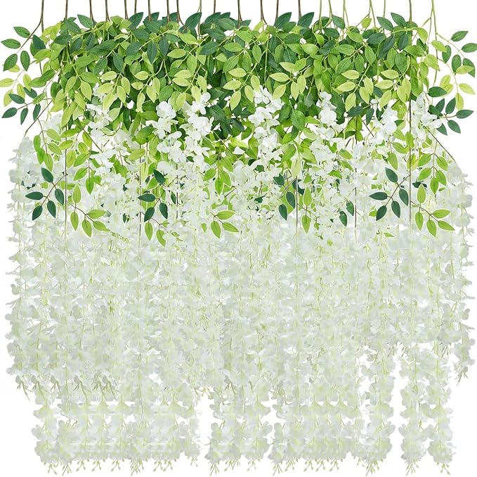 48 Pack Artificial Wisteria Hanging Flowers Fake Wisteria Flower Silk Vines Rattan Decor for Home Wedding Arch Wall Garden Greenery Bedroom Outdoor Office Party Decoration (White)