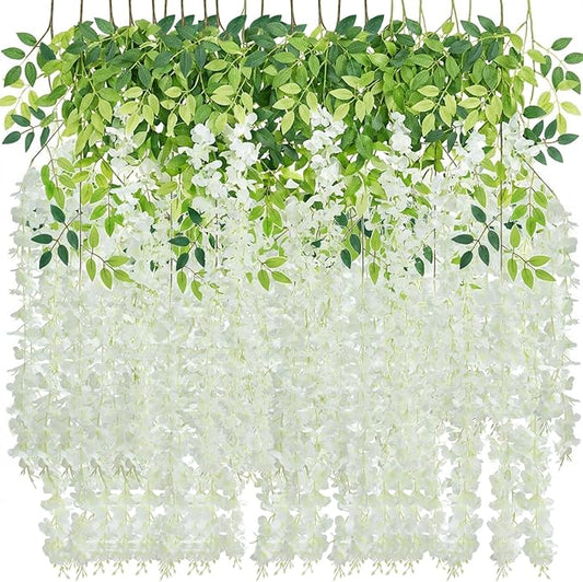 48 Pack Artificial Wisteria Hanging Flowers Fake Wisteria Flower Silk Vines Rattan Decor for Home Wedding Arch Wall Garden Greenery Bedroom Outdoor Office Party Decoration (White)