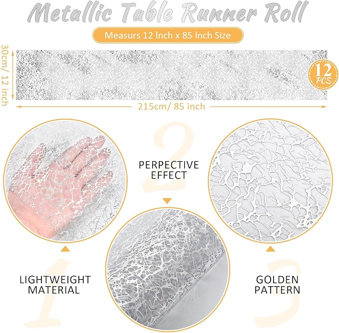 Chumia 12 Pieces Silver Table Runner 12 x 85 Inch Sequin Glitter Table Runner Roll Metallic Thin Mesh Fabric Decor for Party Wedding Shower Birthday Baby Shower Party Supplies