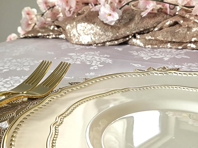 OCCASIONS 50 Pack (25 Guests) Fancy Disposable Plates, Rochelle Ivory Gold | Heavy Duty Scalloped, China-Like Look, 10.25" Dinner + 7.5" Salad/Dessert, Wedding Party, BPA Free, Recyclable, Rigid