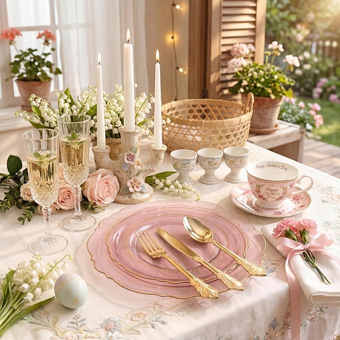 KIRE 210Pcs Clear Pink Plastic Plates with Gold Rim - Disposable Pink Plates for Party - 30 for Dinner 30 for Dessert 90 Silverware 30 Napkins 30Cups for Upscale Wedding/Party/Baby Shower/Mother's Day