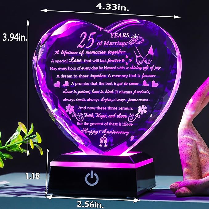 25th Wedding Anniversary Crystal Gifts for Couples Parents, Romantic Heart 25th Anniversary Keepsake Gifts for Her Him, 25 Years of Anniversary Marriage Gifts for Wife Husband