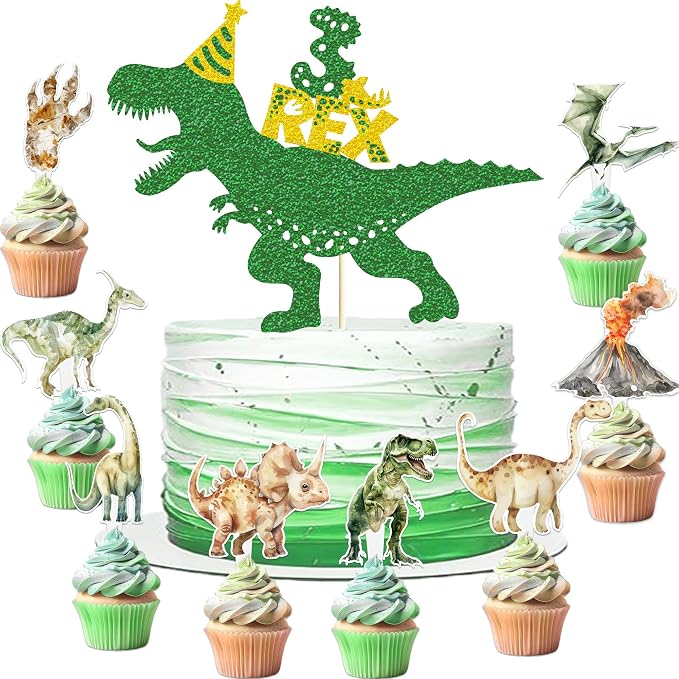 208 Pcs Dinosaur 3rd Birthday Party Supplies, Green Dino Three Rex Birthday Decorations, 20 Serves Include Paper Plates, Cups, Napkins, Tablecloth, Cake Topper, Swirls, Banner, Balloons for Boys