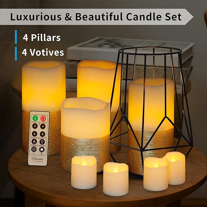 FURORA LIGHTING Gold Trim Flameless Candles - Real Wax, Adjustable Brightness, Remote & Timer - 4 Pillars (3x4, 3x6) and 4 Votives, 8-Pack, Battery Operated