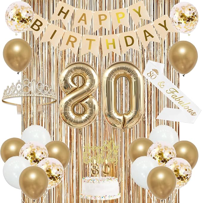 Trgowaul 80th Birthday Decorations for Women, Banner, Sash and Crown, Cake Topper, 80 Number Balloon, Fringe Curtains, Champagne Gold 80th Birthday Party Supplies