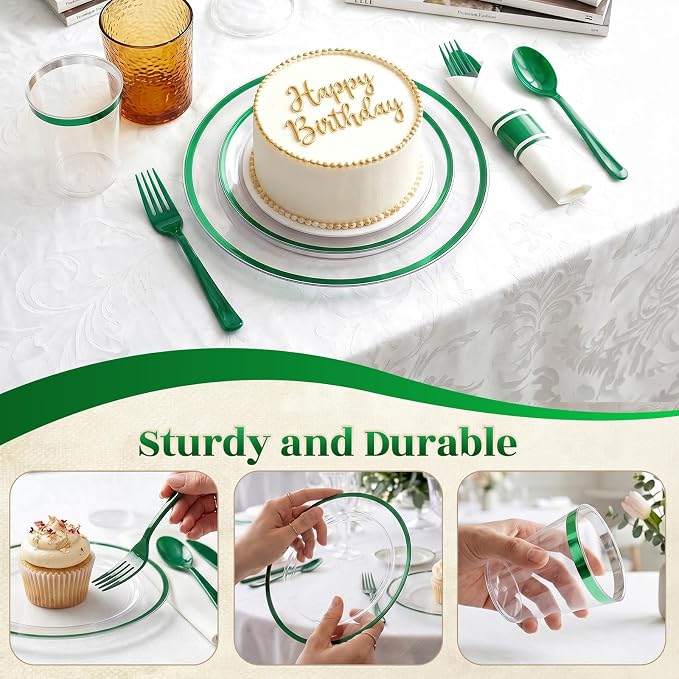 350pcs Plastic Plates for Party Clear & Green | Disposable Plastic Dinnerware Set for 50 Guests Include 100 Plastic Plates,50 Cups & 50 Pre Rolled Napkins with Cutlery Set