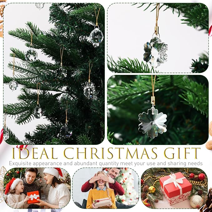 XunYee 36 Pcs Crystal Glass Christmas Balls Ornaments, 1.18" Mini Hanging Crystal Prism Xmas Tree Decorations Pendants for Home Wedding Birthday Party Holiday Decorations(Clear Color,Mixed Styles)